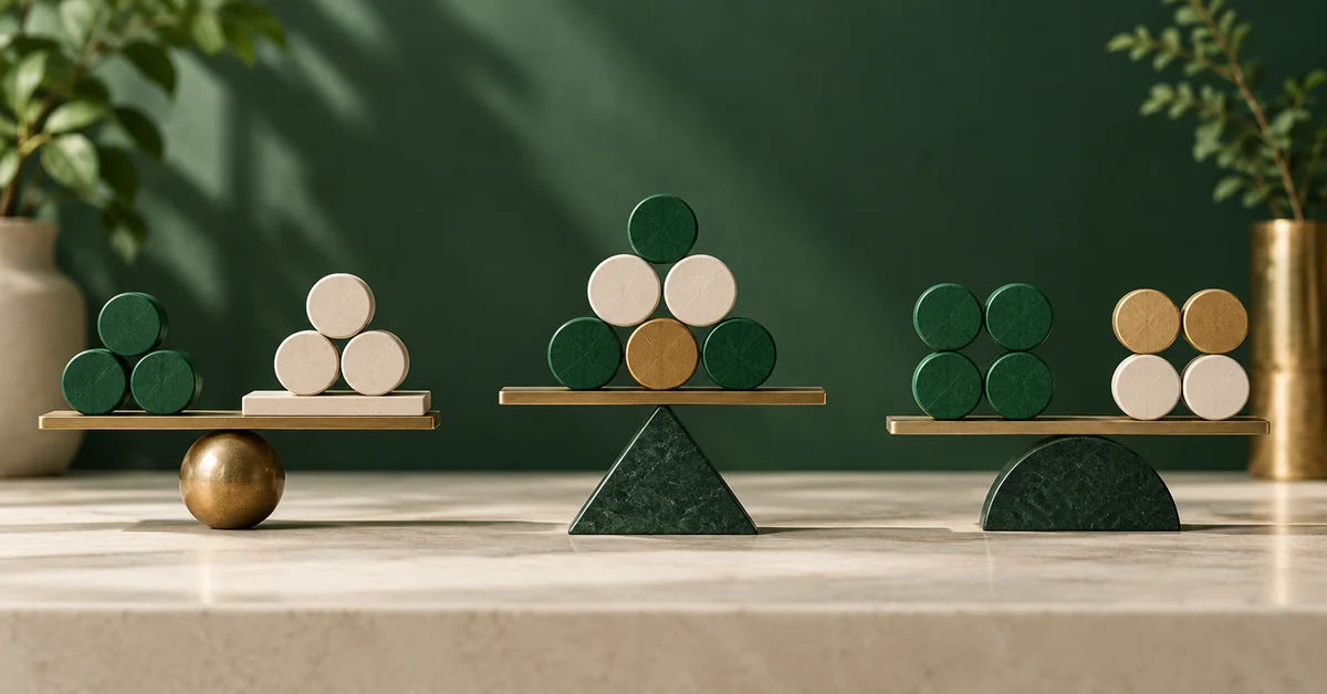 Three different balanced arrangements of colored classification tokens.