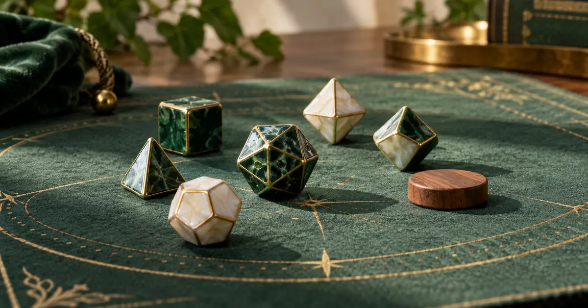 Mixed polyhedral dice and a single fixed wooden counter on a gaming mat.