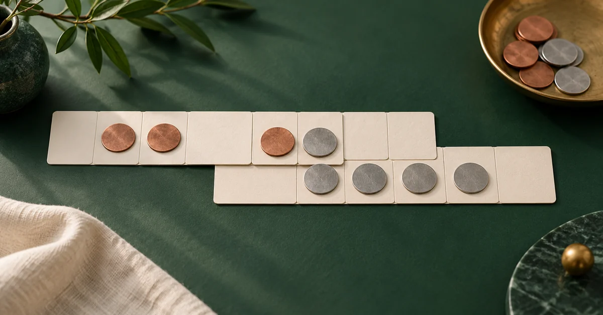 Overlapping strips of blank sequence cards with copper and silver tokens.