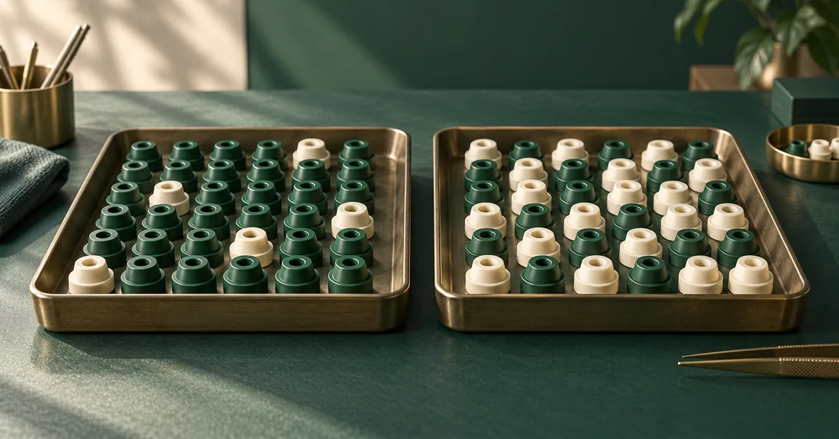 Two factory inspection trays with different mixes of green and ivory components.