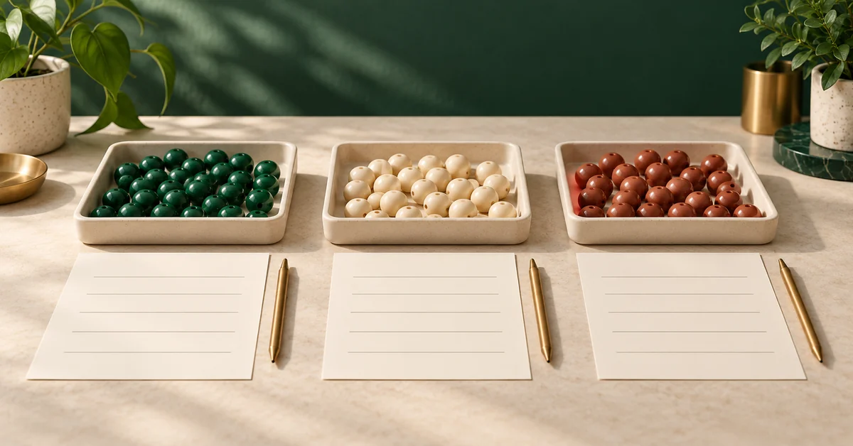 Three sample trays with different colored measurement beads and blank recording sheets.