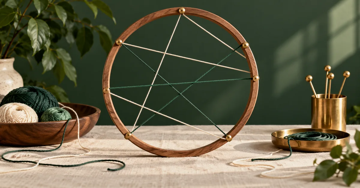 Three Ways to Sample a Random Chord and Why They Disagree — editorial illustration A circular wooden frame with loosely arranged threads in a conceptual probability studio.