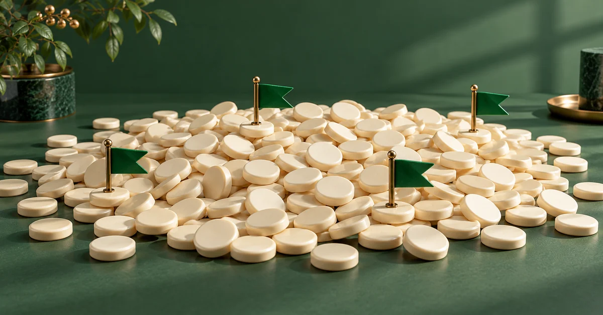 Rare-Event Flags: Explain the Base Rate with Natural Frequencies — editorial illustration A large collection of ivory inspection tokens with a few green alerts.