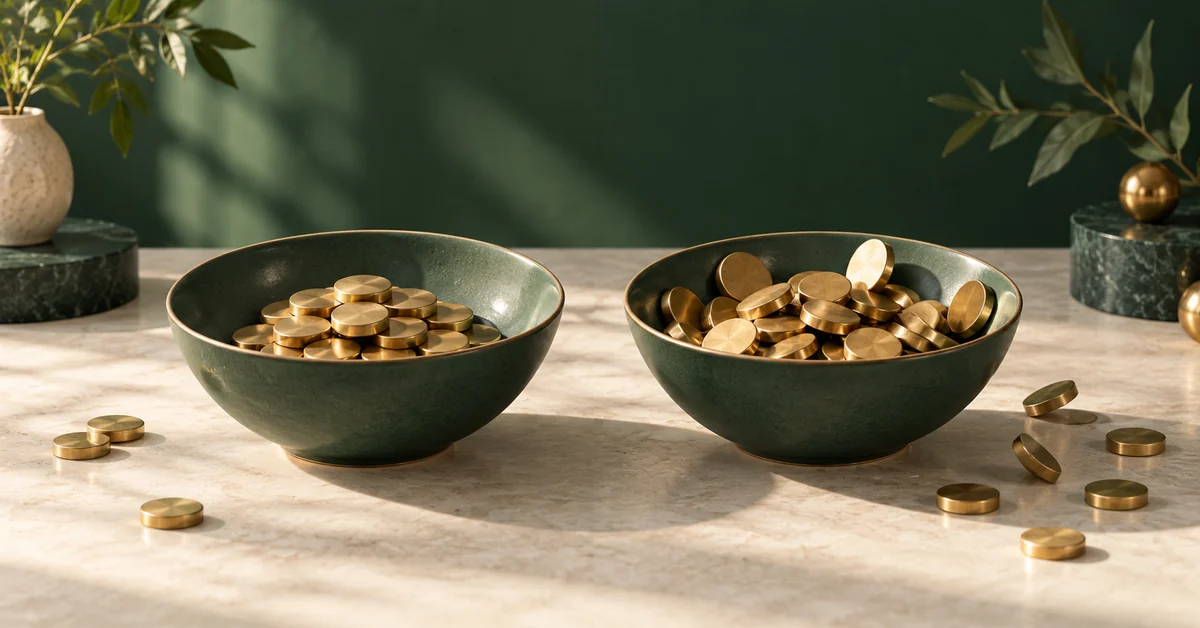 Two bowls of reward tokens with similar centers and different spread.