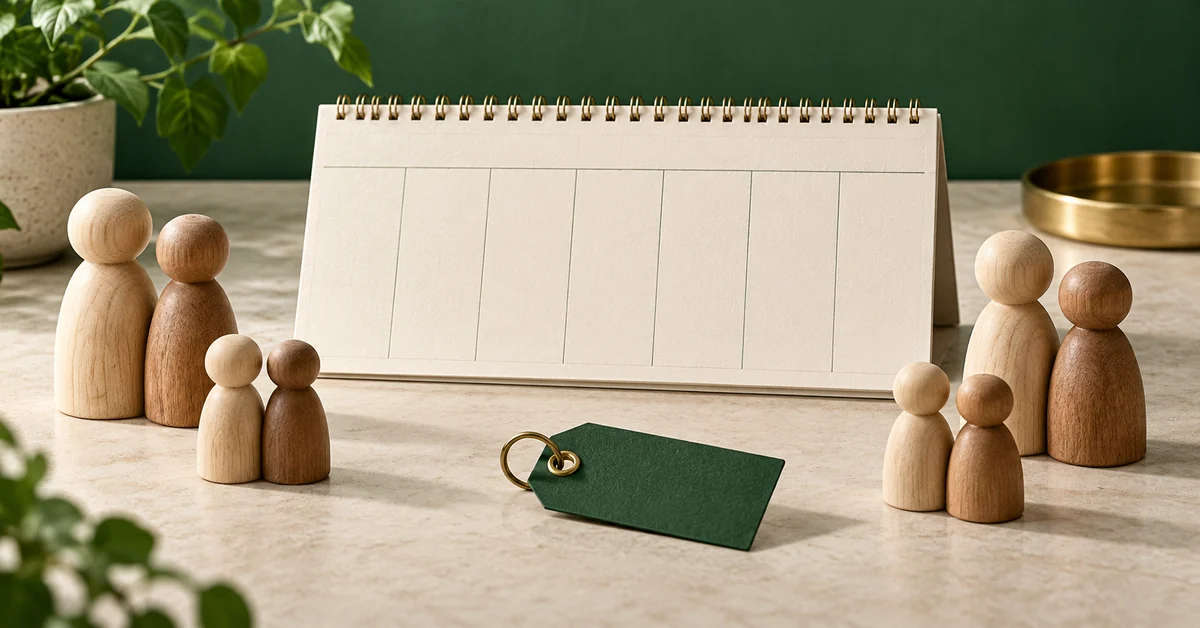 An unmarked weekly planner beside paired family tokens and one colored tag.