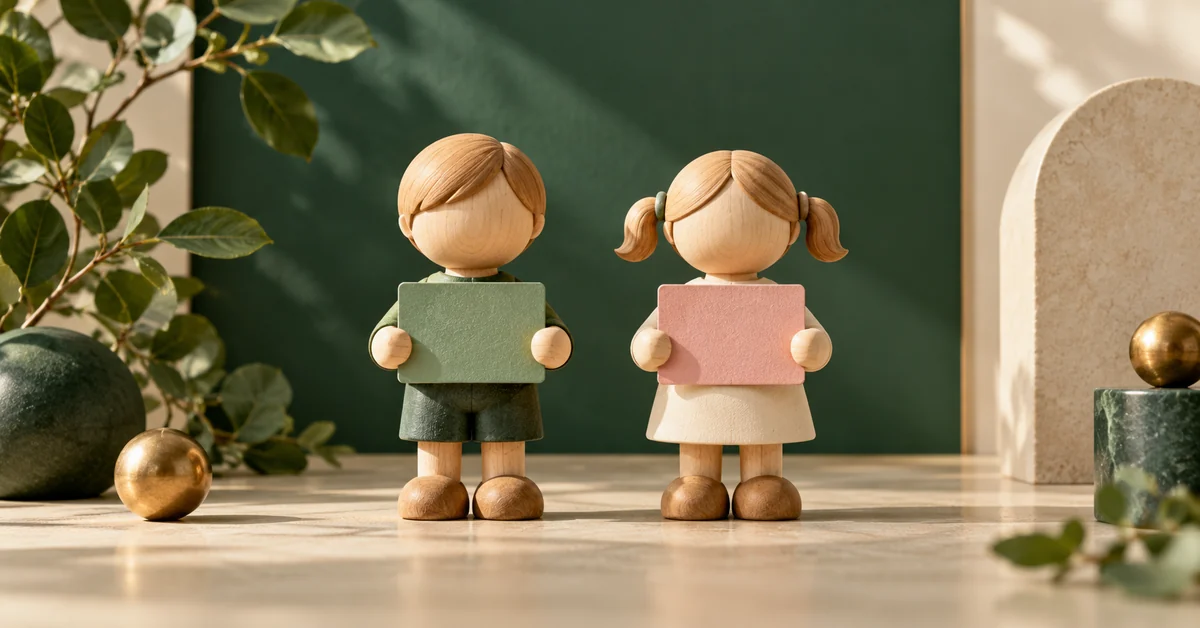 Two-Child Questions: Write Down the Selection Protocol First — editorial illustration Paired wooden child figures with different colored observation cards.