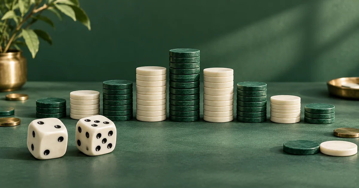 Two generic dice beside several uneven stacks of counting chips.