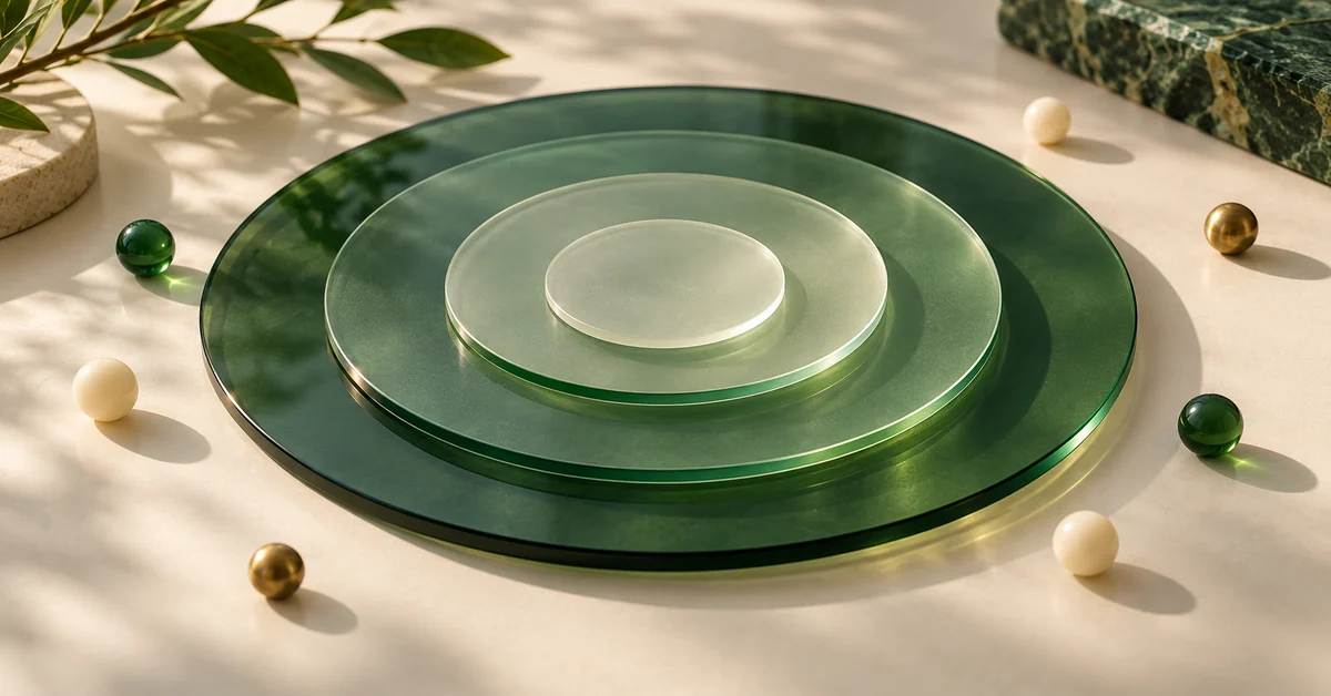Uniform Radius Is Not Uniform Disk Area — editorial illustration Concentric translucent circular plates and a small set of scattered beads.