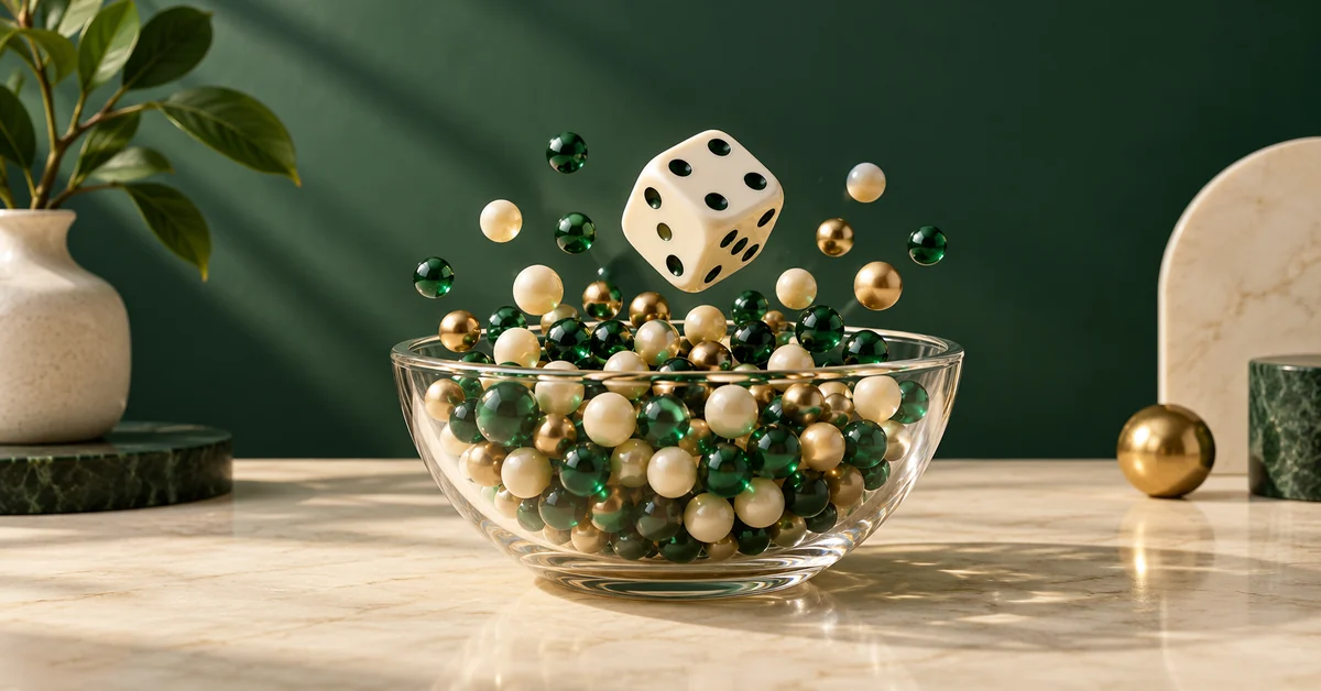 How a Virtual Die Avoids Modulo Bias — editorial illustration A generic die emerging from a transparent bowl of random colored beads.