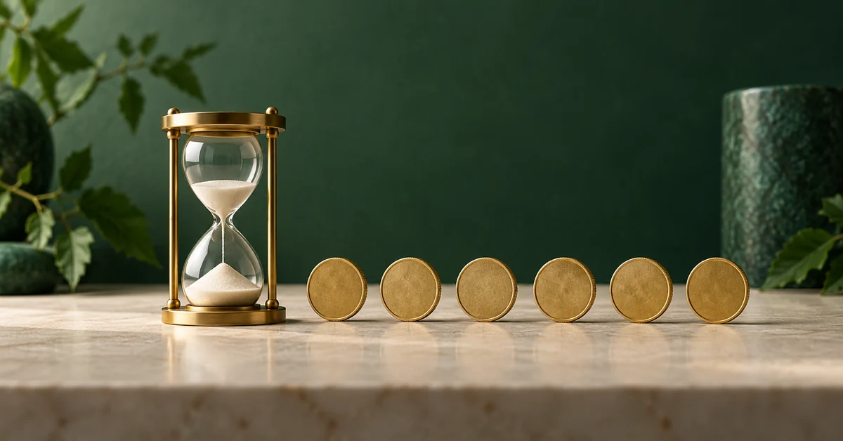 Waiting Time for a Head Run vs Probability Within a Fixed Horizon — editorial illustration A small hourglass beside a row of matching generic coins.