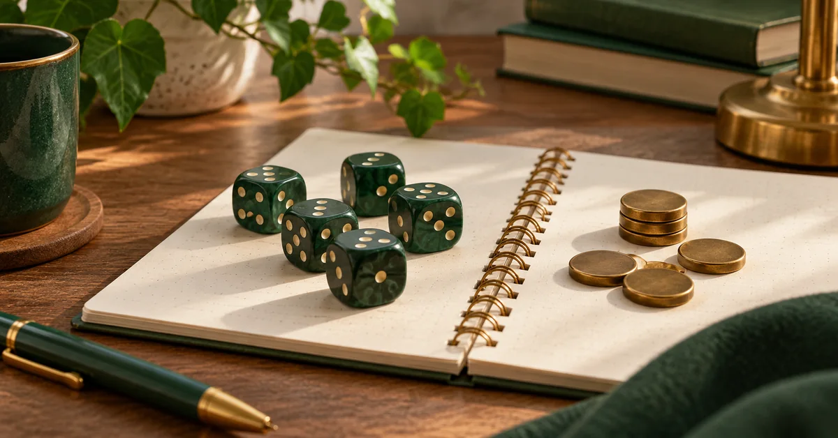 A study notebook with ordinary dice and separate fixed-value counters.