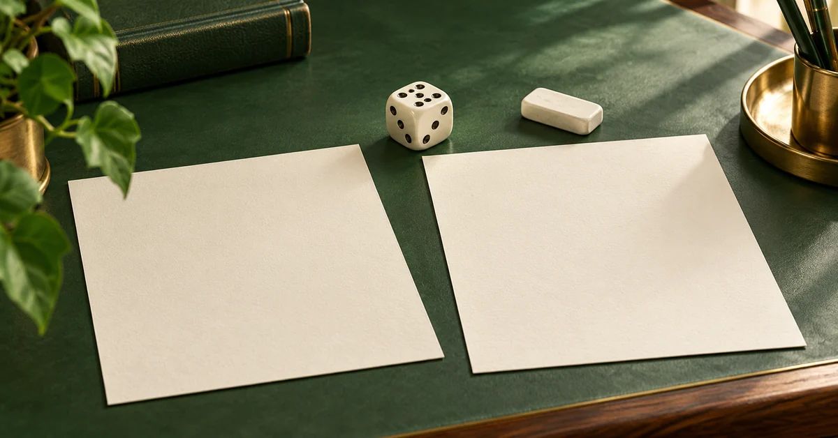 Catch Mean–Variance Mixups in Dice Exercises — editorial illustration Two blank solution sheets beside a fair die and a small eraser.