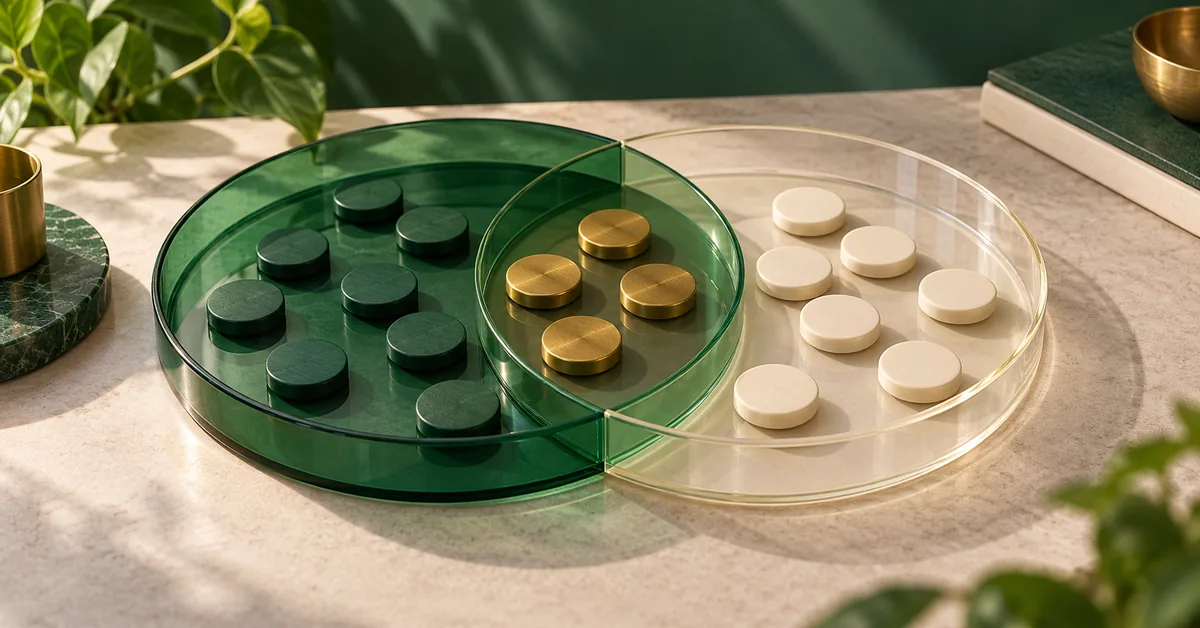 Overlapping transparent trays with sorted sample tokens.