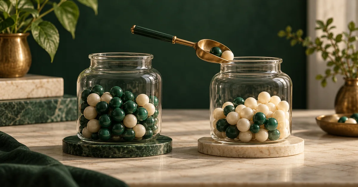 Two jars with colored beads and a small transfer spoon.