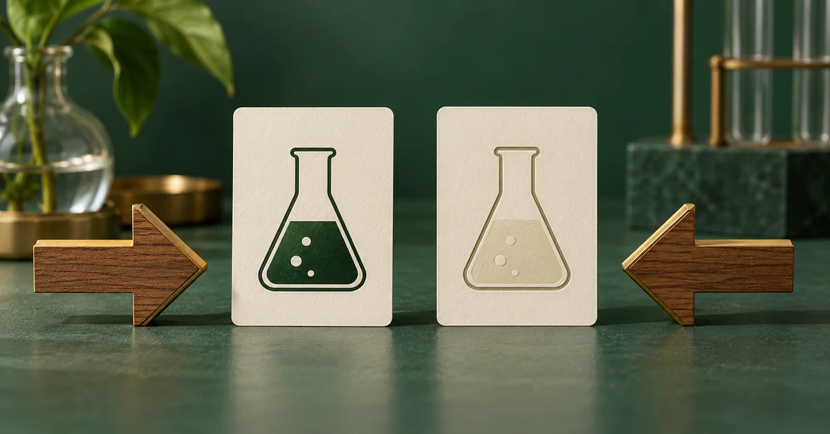 Two neutral laboratory cards beside forward and backward arrow-shaped wooden markers.