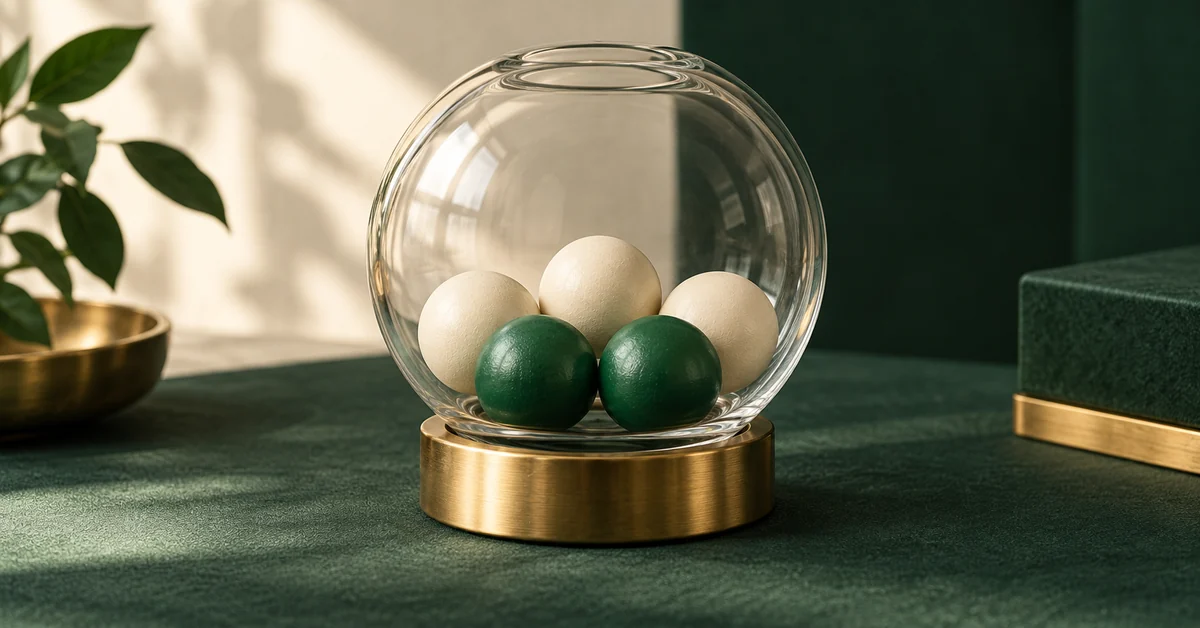 Lottery Quiz Answer Units: Counts, Decimal Chances and Reciprocals — editorial illustration A small five-ball teaching model with two selected colored tokens.