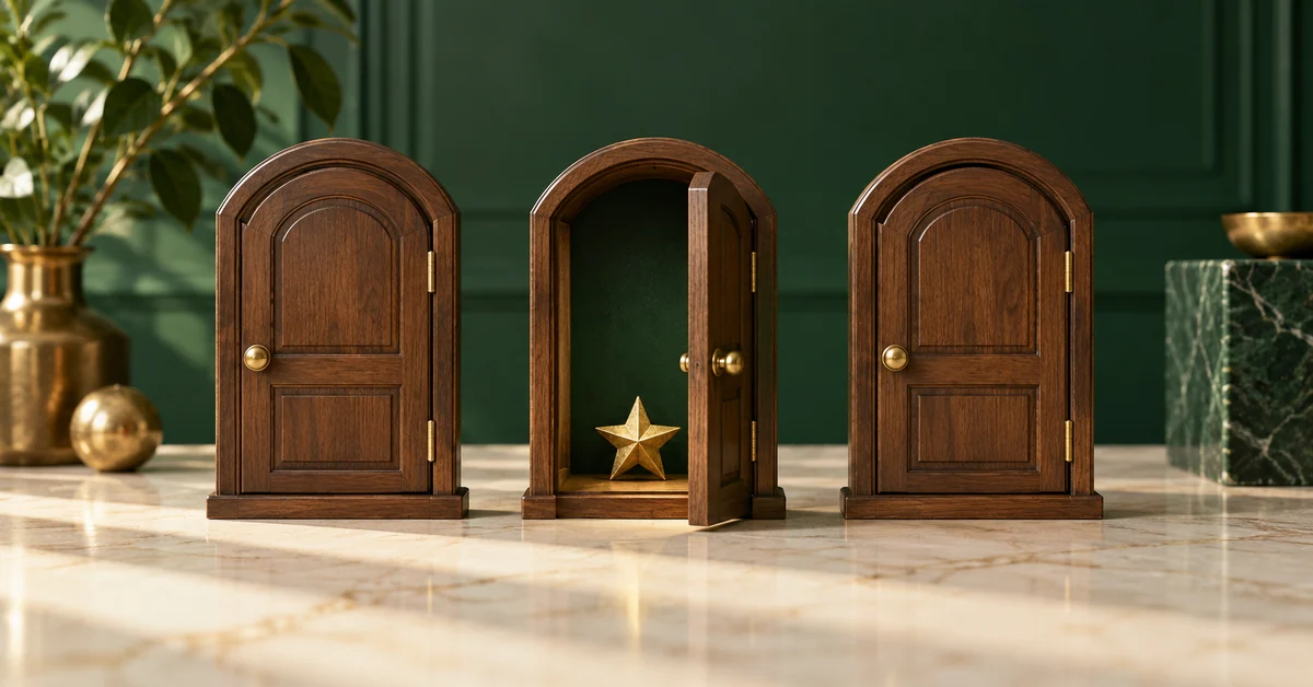 Three miniature closed wooden doors with a small concealed brass star.