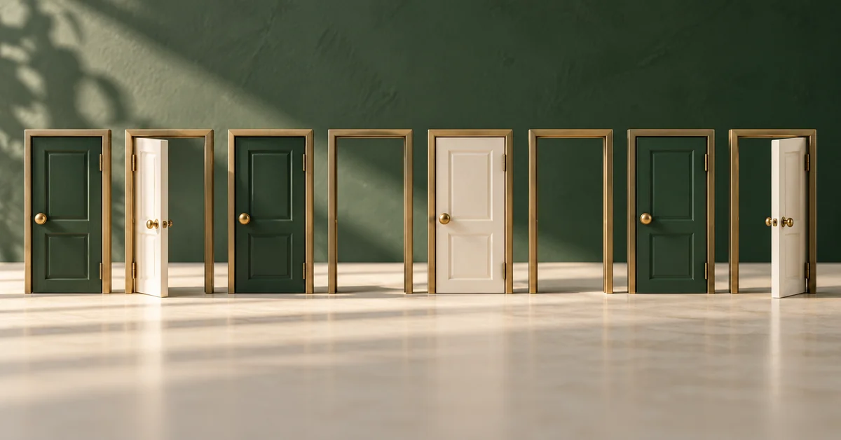 A row of miniature doors with several open empty frames.