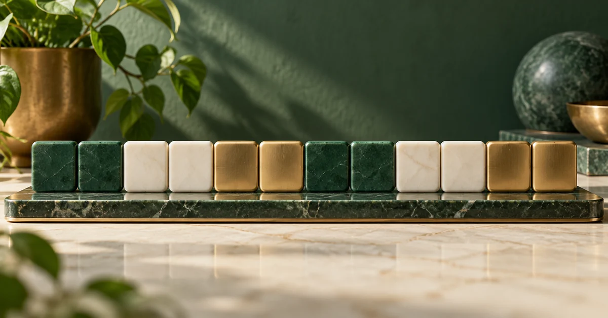 A tidy sequence of repeated green ivory and brass tiles.