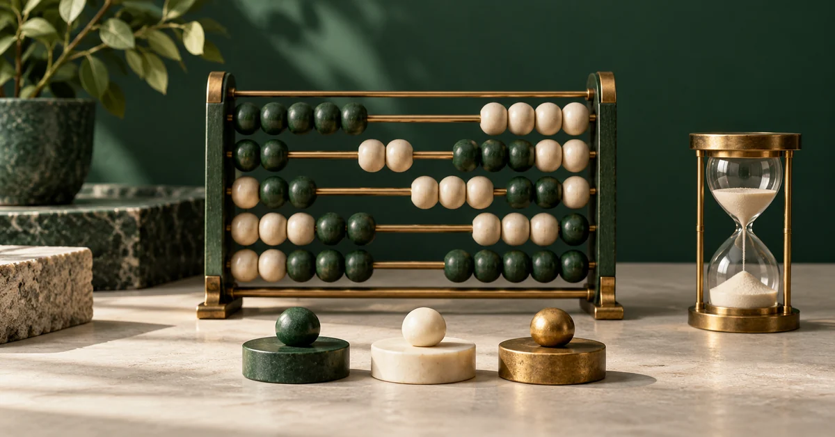 Transient Gains and Long-Run Drift in Parrondo’s Paradox — editorial illustration An abacus beside three state markers and a small hourglass.
