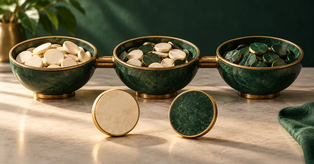 Three connected token bowls and two contrasting generic coins.