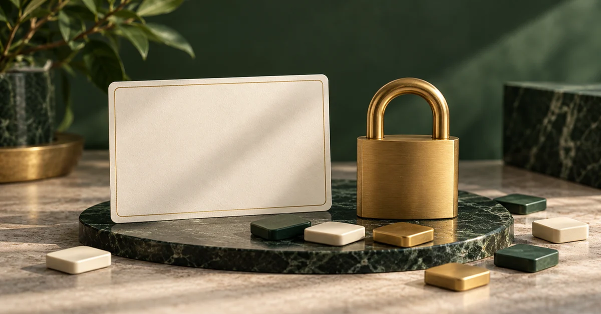 A blank password-policy card beside an unmarked padlock and colored tiles.