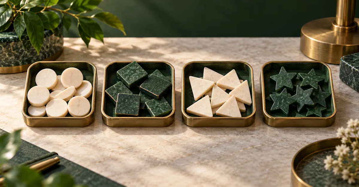 Four small trays of different character-like abstract tiles without actual letters.