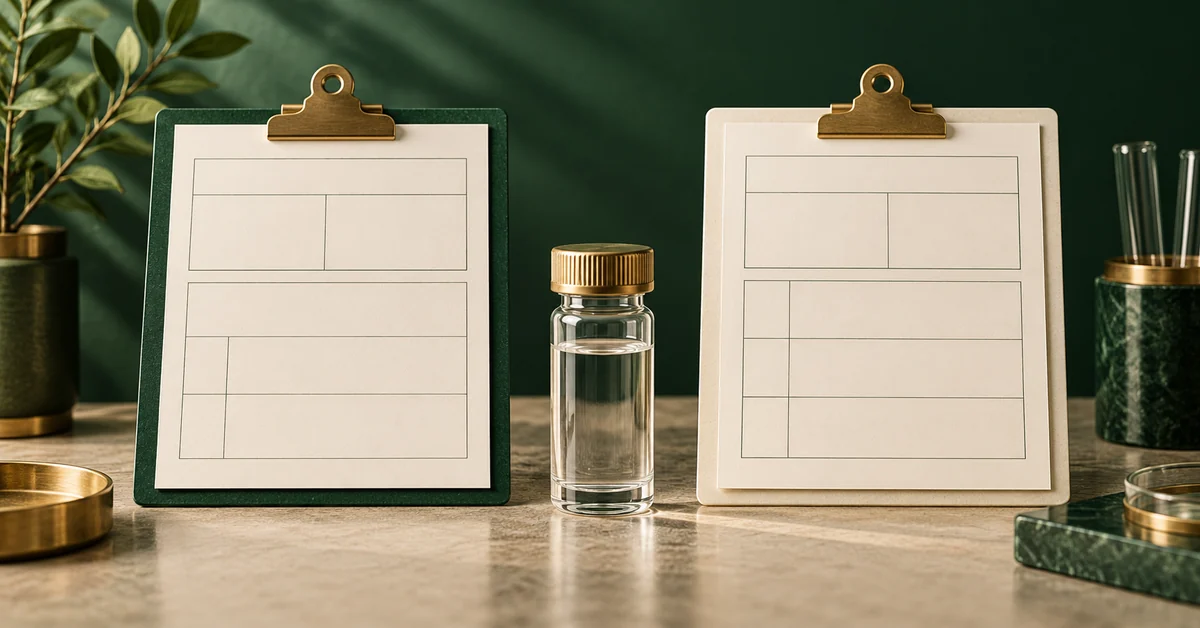 Known Likelihood Ratio or Test Rates: Enter the Evidence You Have — editorial illustration Two alternate blank evidence worksheets beside a neutral laboratory sample vial.