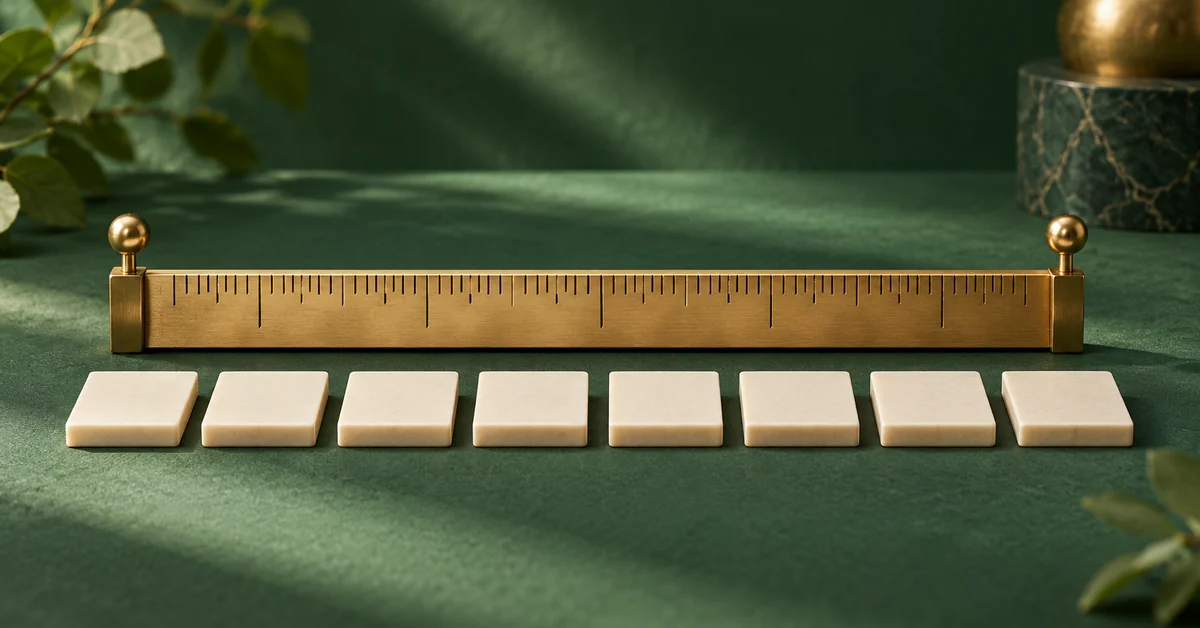 Inclusive Random-Integer Bounds and Off-by-One Errors — editorial illustration A ruler with two endpoint markers beside plain numbered-looking but unmarked tiles.
