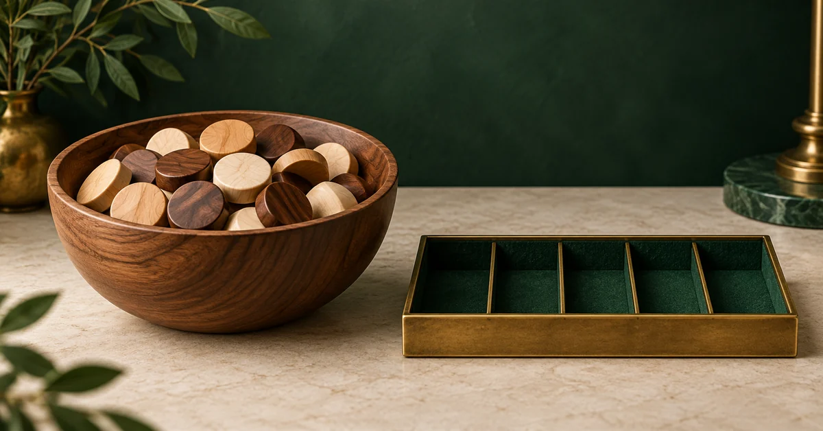 Random Sampling Without Replacement: Unique Does Not Mean Independent — editorial illustration A bowl of distinct wooden tokens and an empty selection tray.