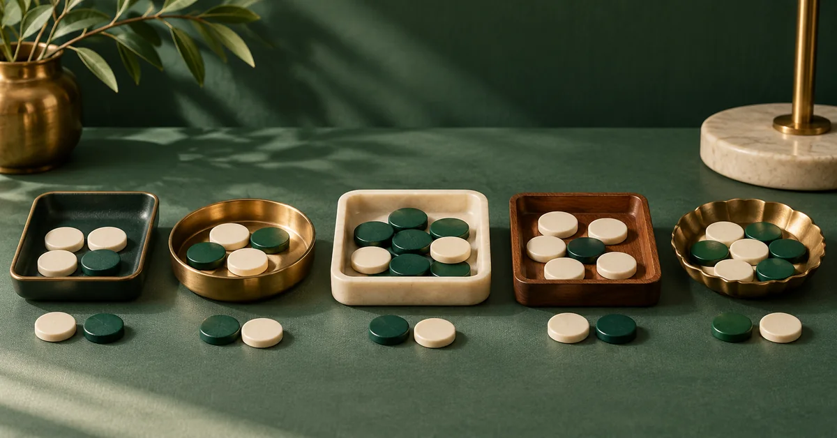 Repeated Chances: All Successes vs At Least One — editorial illustration Several small chance-experiment trays with matching and contrasting tokens.