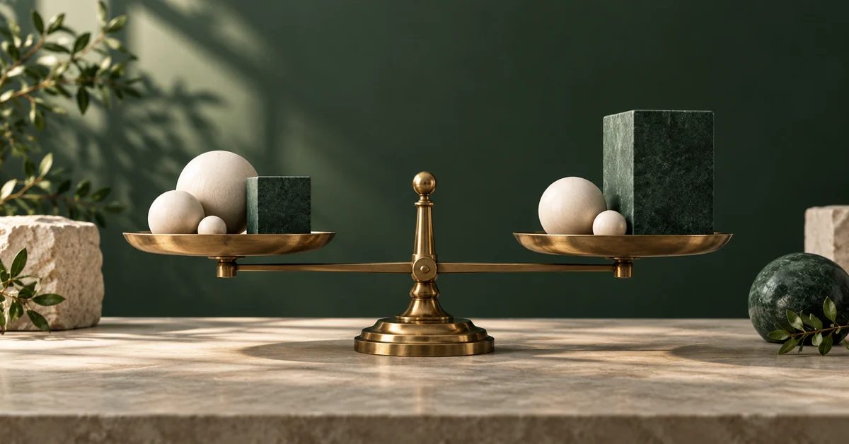 Compare Probability and Impact Without Calling One Number a Full Risk Profile — editorial illustration Two different probability-impact trays with a central comparison scale.