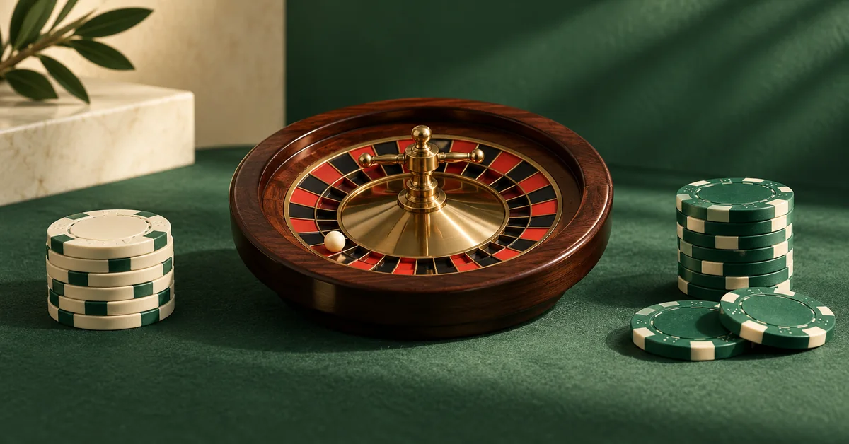 Roulette Payouts: Net Win vs Total Return Including the Stake — editorial illustration A small unnumbered roulette model beside separate stake and payout chips.