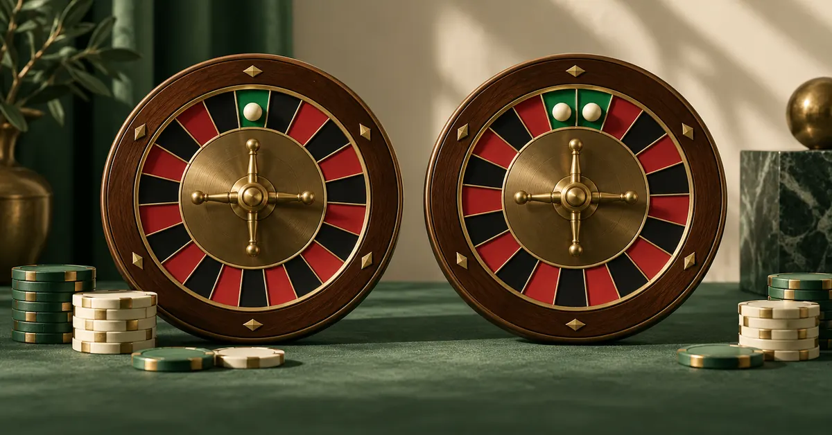 Zero Pockets and Expected Loss Under Standard Payout Rules — editorial illustration Single-zero and double-zero conceptual wheel models with neutral counters.