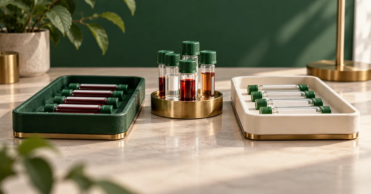 Reference sample vials beside two clearly separated result trays.