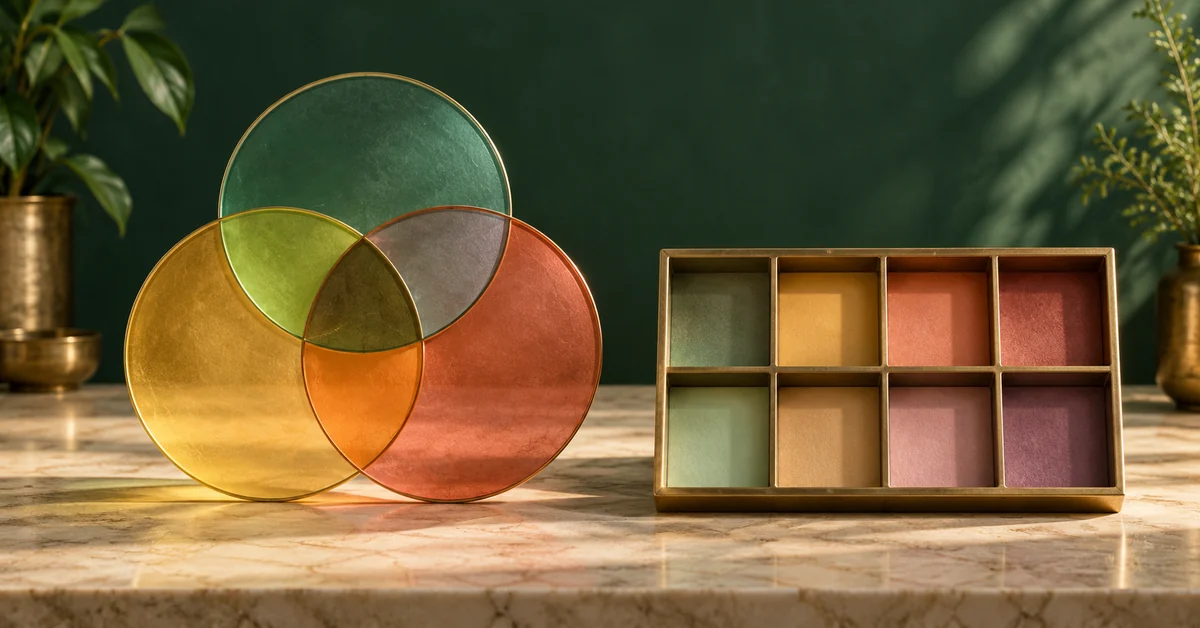 Three overlapping transparent colored disks beside eight small compartments.