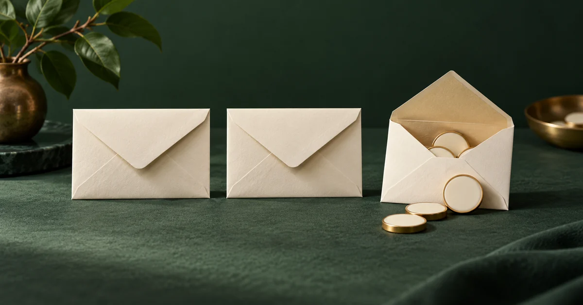Two closed ivory envelopes beside one partly opened envelope with blank tokens.