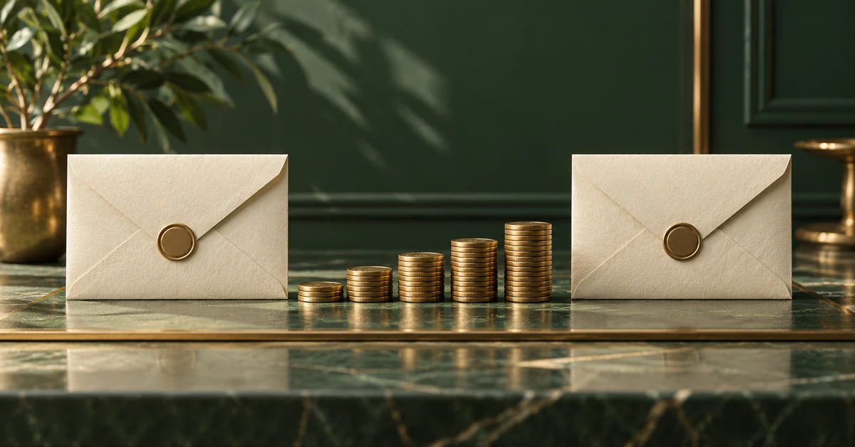 Two envelopes beside a short bounded row of coin stacks.