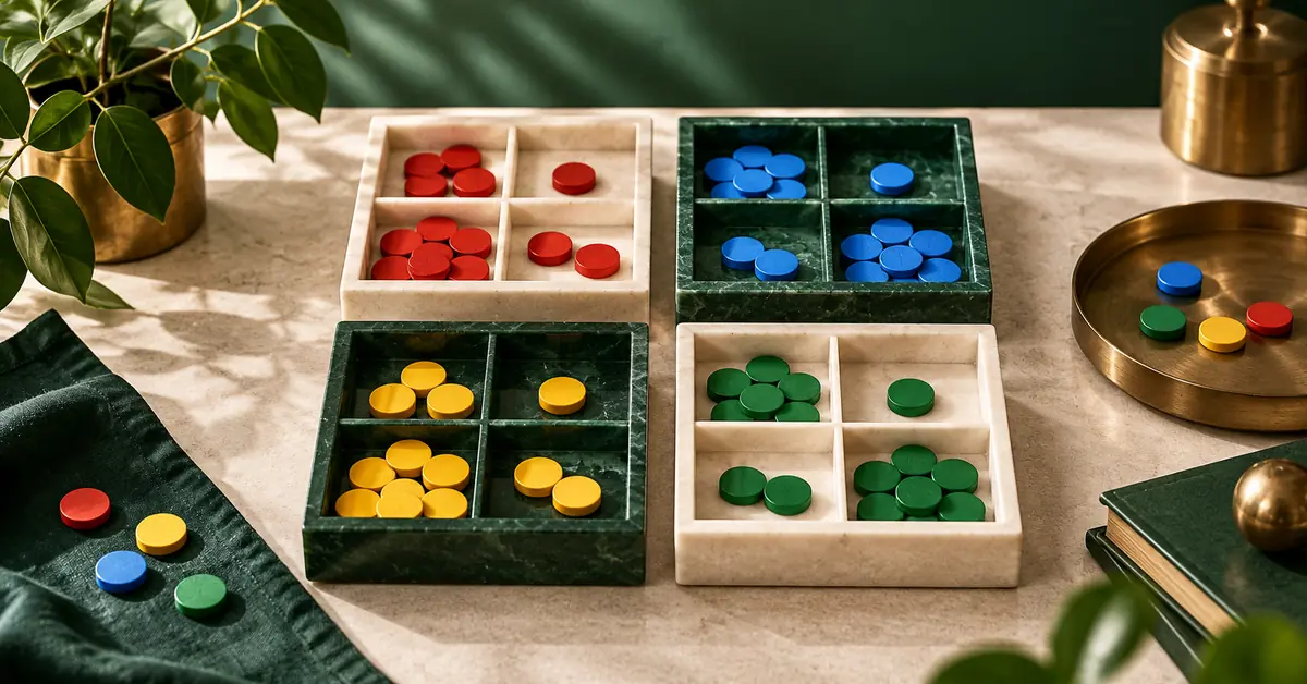 Check Whether Two-Event Probabilities Can Coexist — editorial illustration Four compartment trays with a measured set of colored counters.